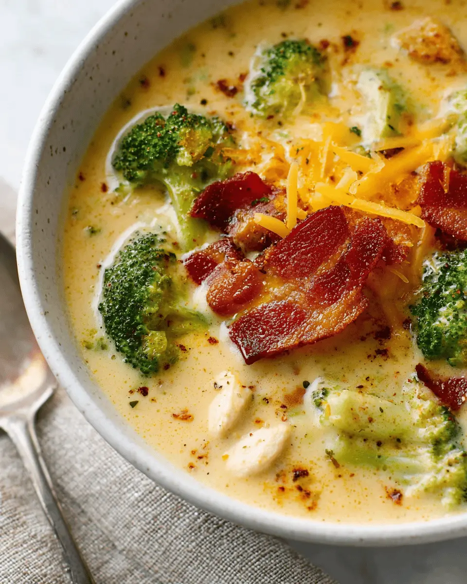 High Protein Broccoli Cheddar Soup with Turkey Bacon Delight