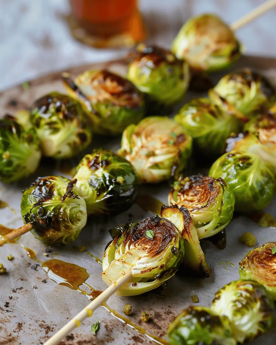 Hot Honey Roasted Brussels Sprout Skewers with Turkey Bacon Delight