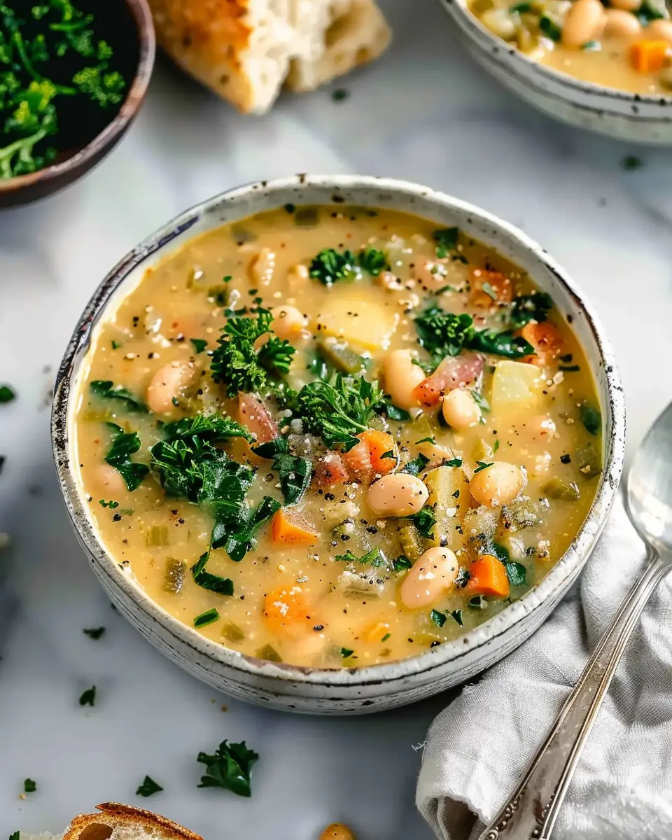 Best Tuscan White Bean Soup with Turkey Bacon and Chicken Ham