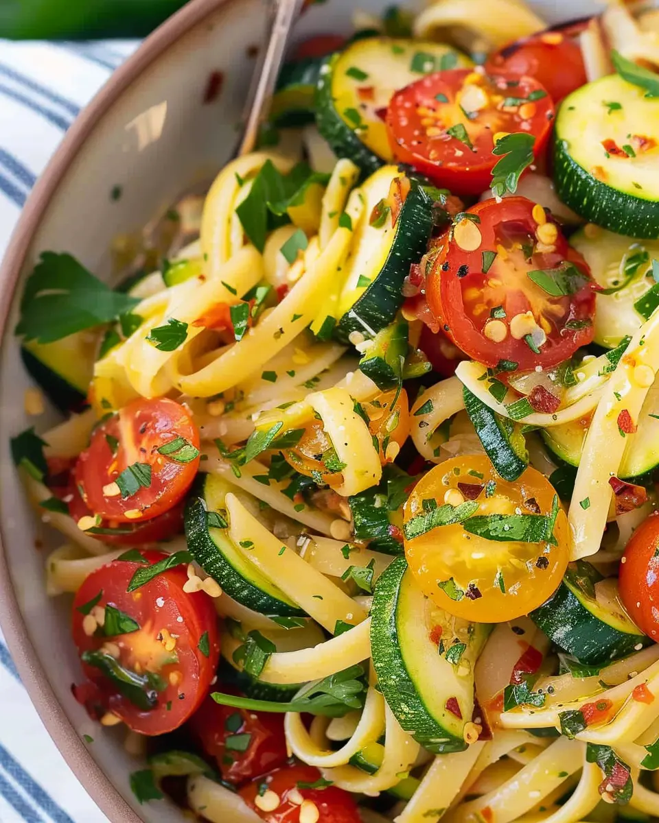 Best Weeknight Tomato Zucchini Pasta with Turkey Bacon Delight