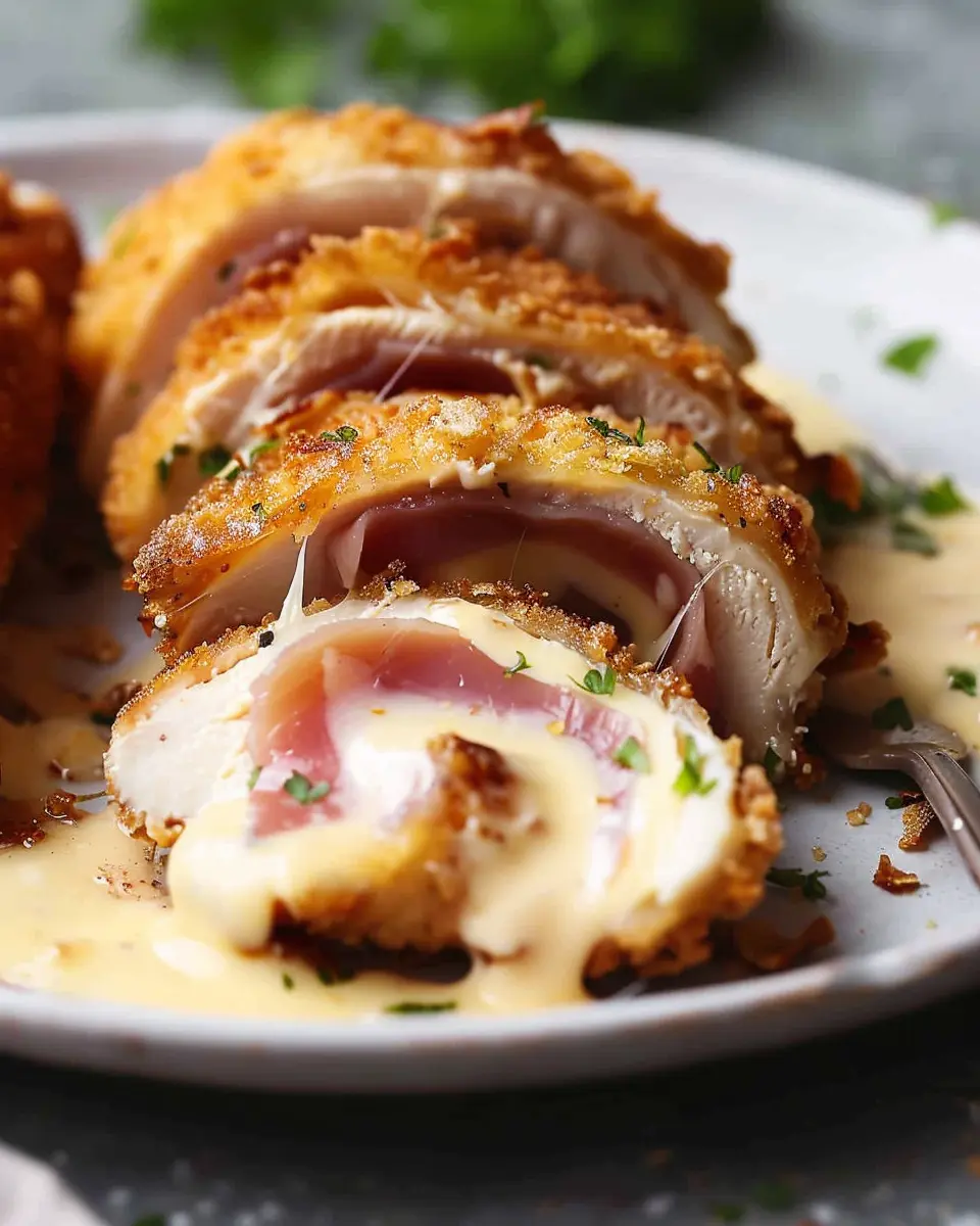 Crispy creamy chicken cordon bleu with turkey bacon twist