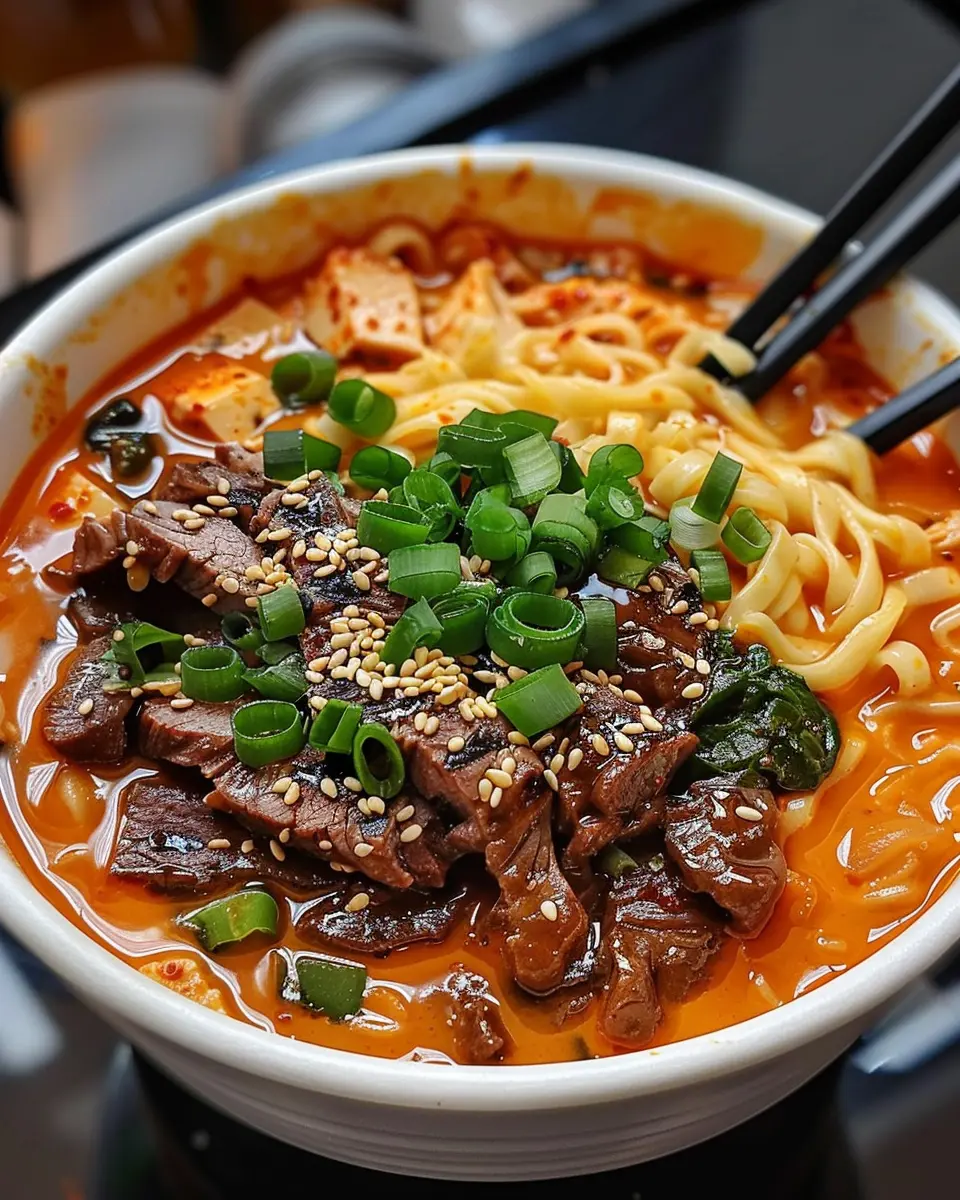 Spicy Korean Ramen with Grilled Beef: Indulgent Creamy Delight
