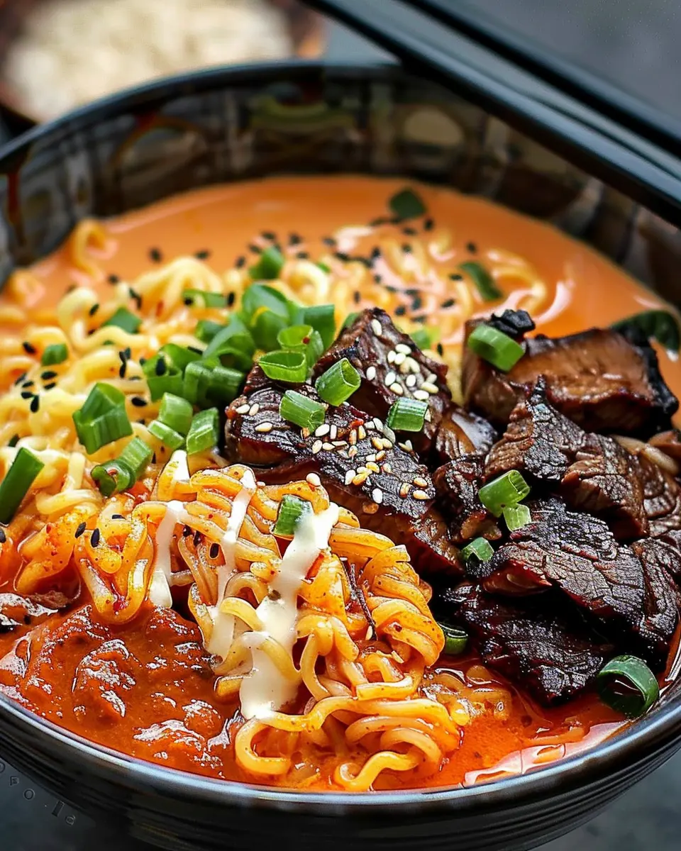 Spicy Korean Ramen with Grilled Beef &amp; Creamy Sauce: A Cozy Delight