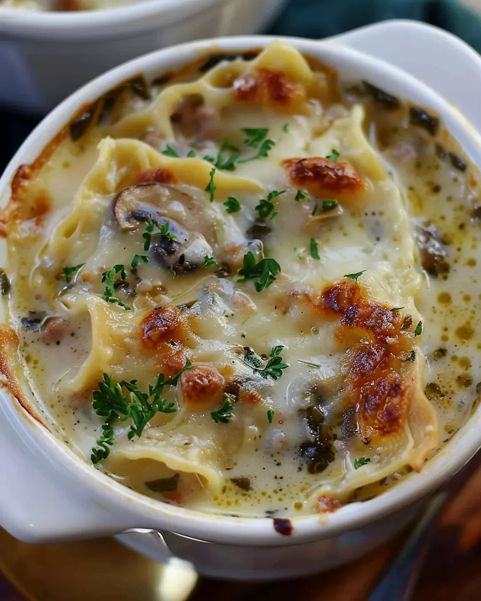 Creamy Alfredo Lasagna Soup with Turkey Bacon and Chicken Ham Bliss