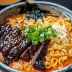 Spicy Korean Ramen with Grilled Beef & Creamy Sauce