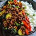 Spicy Ground Beef Stir-Fry Bowl with Garlic Veggies & Steamy Rice
