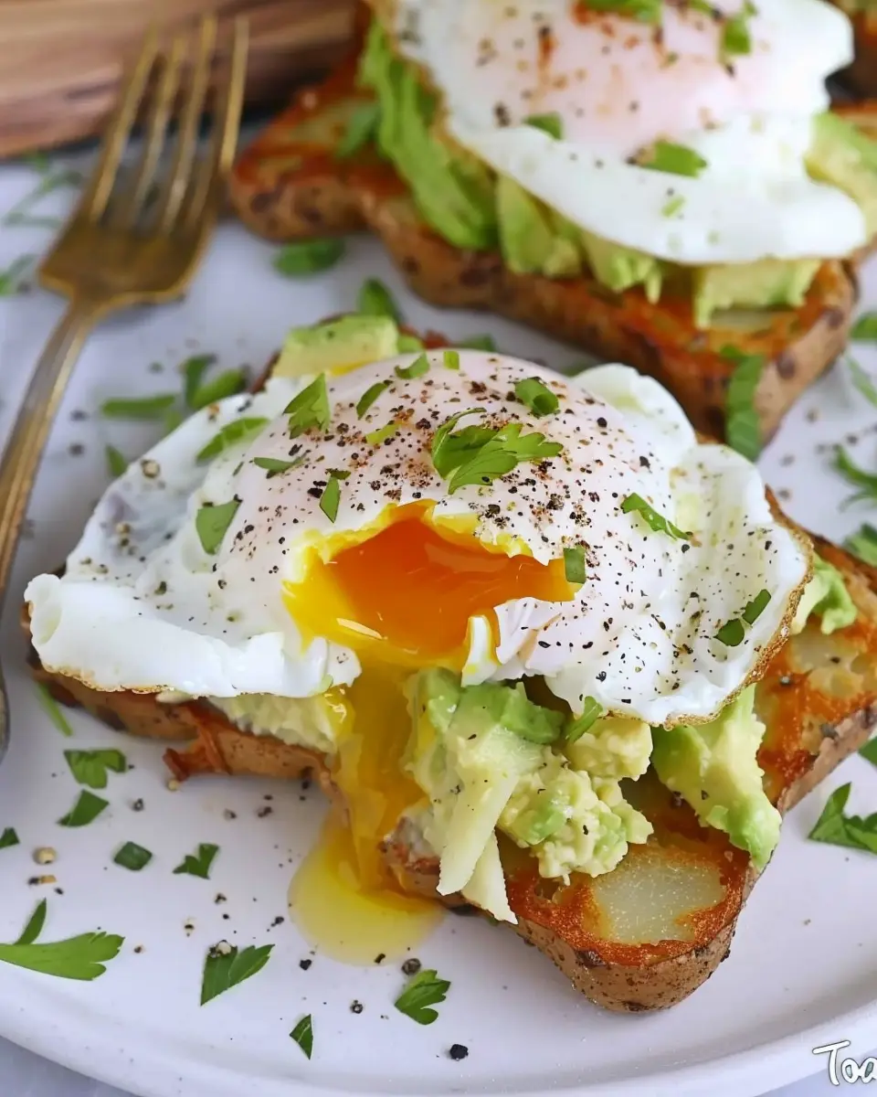 Potato Avocado Toast: Indulgent Twist with Poached Eggs and Turkey Bacon