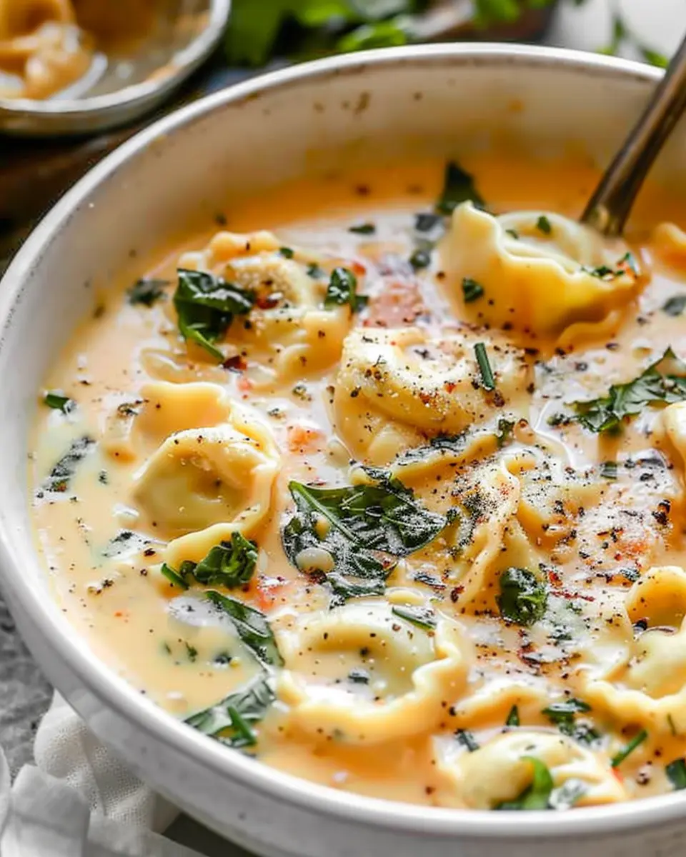 Creamy Tortellini Soup with Turkey Bacon and Chicken Ham Delight
