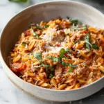 Ground Beef Orzo with Tomato Cream Sauce